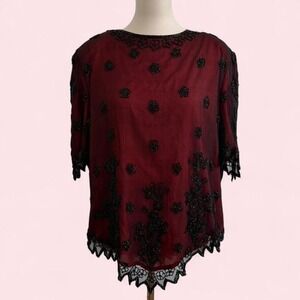 Vintage 100% Silk Burgundy Beaded Sheer Blouse‎ — Size 3X